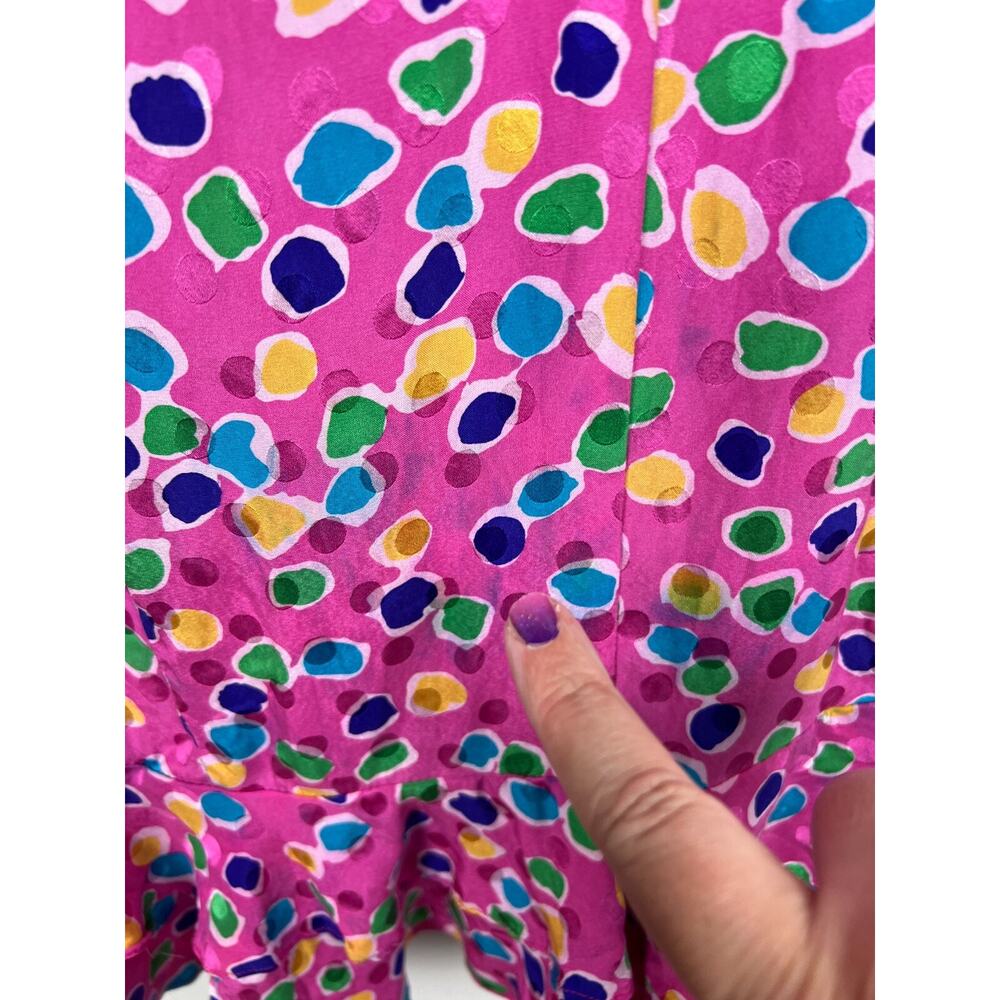 Vintage 80s 100%‎ Silk Ruffle Hem colorfull polka dot drop waist dress Medium 8 - Picture 3 of 6